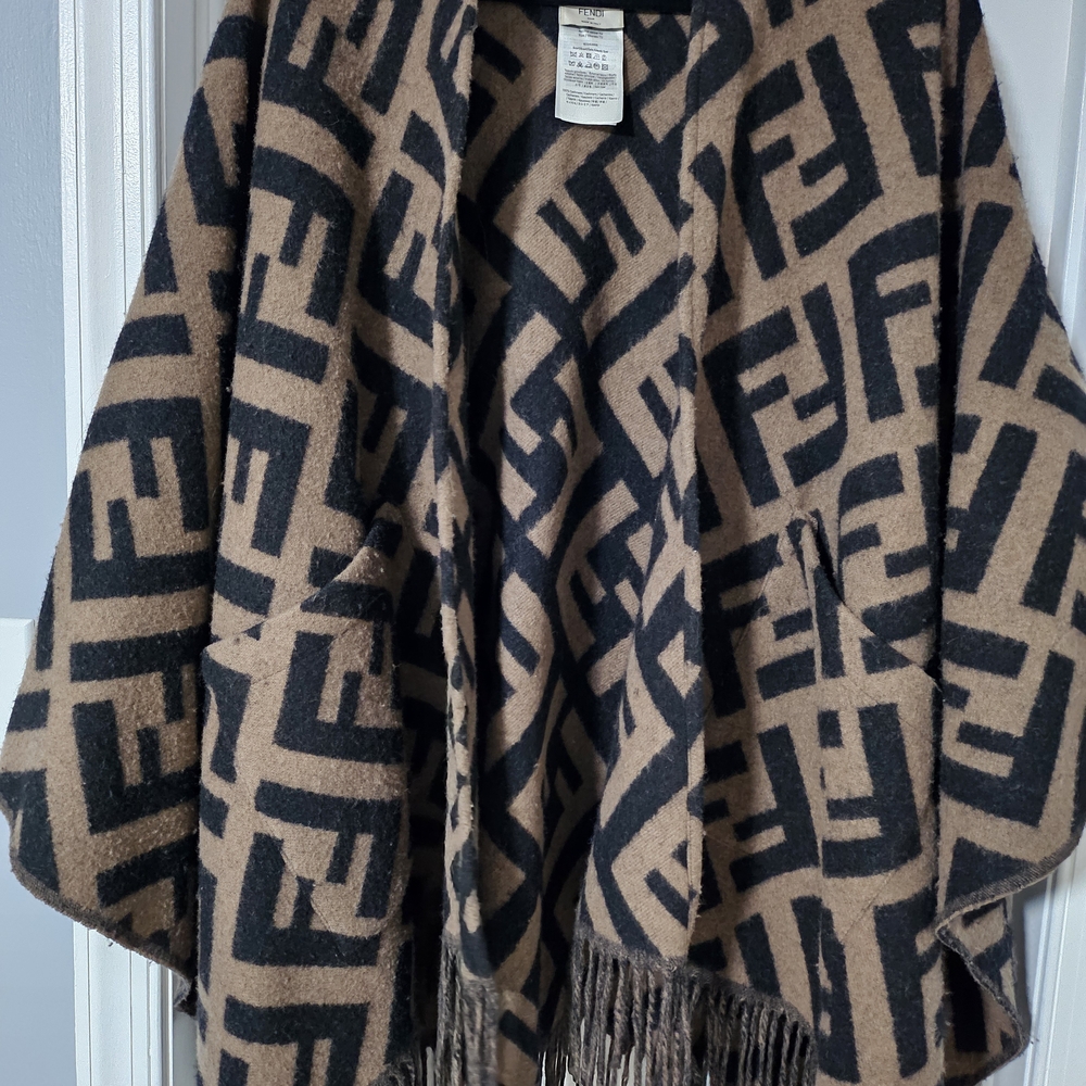Authentic Fendi FF Logo Cashmere Poncho with Hood & Pockets
